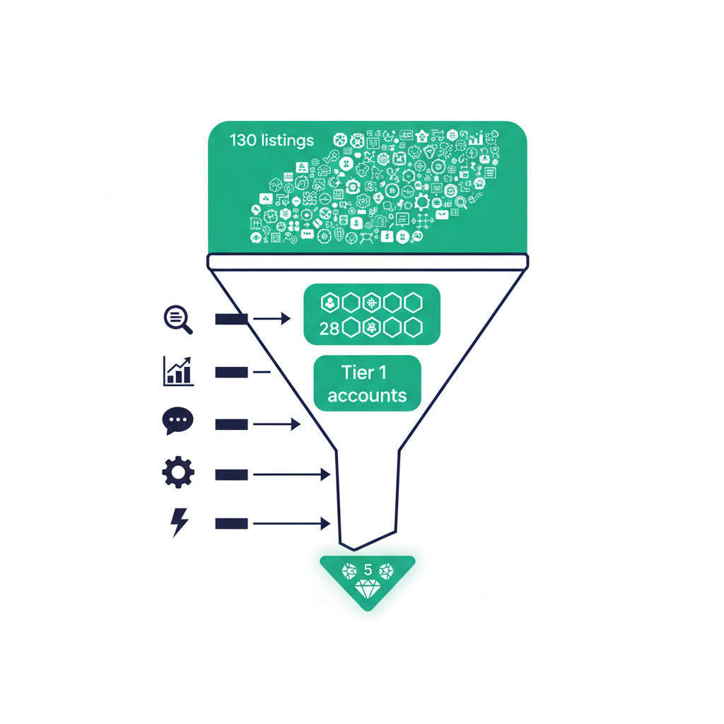 A conceptual funnel diagram showing 130 raw listings at the top narrowing to 28 Tier 1 accounts in the middle and a smaller set of triple-gap accounts highlighted at the bottom, with the five scoring factors labeled along the funnel walls