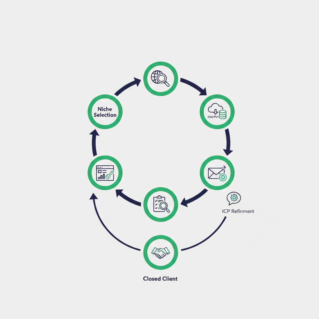 A circular workflow diagram showing the six steps of the prospecting system feeding into each other (niche selection, data pull, CSV cleaning, scoring, micro-audit, and outreach) with an arrow from closed client back to ICP refinement completing the loop