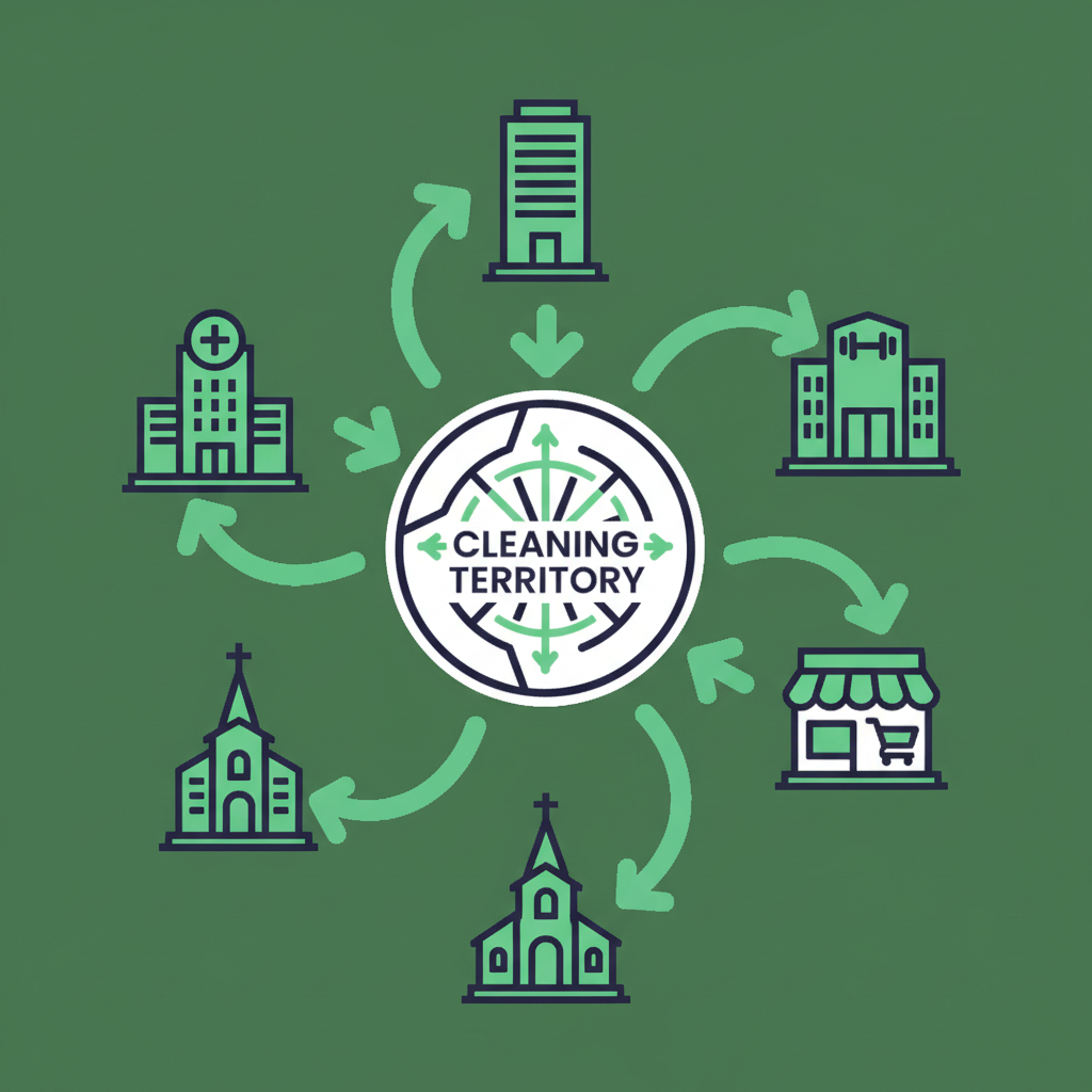 A simple diagram showing five commercial building types (office, medical clinic, gym, church, retail plaza) arranged around a central "cleaning territory" label, with arrows pointing inward to represent targeting