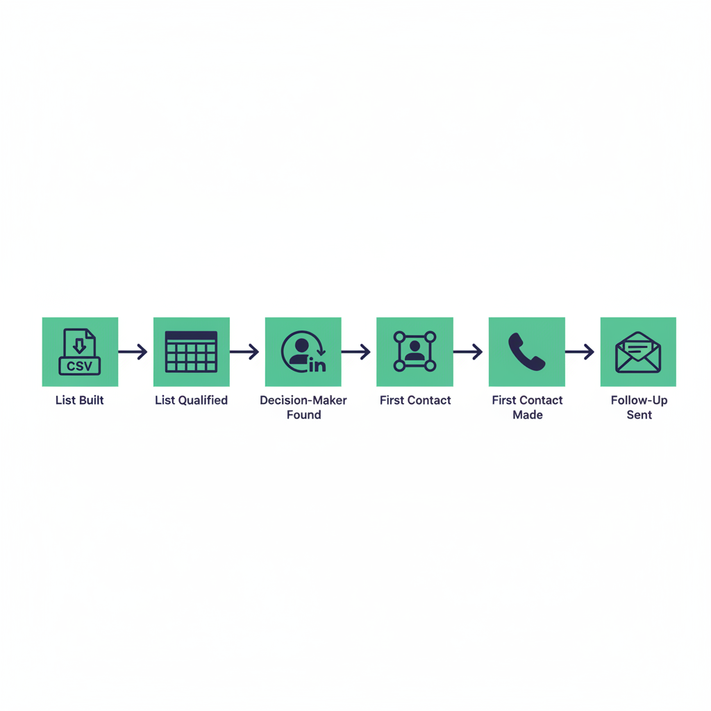 A horizontal timeline showing the five outreach steps in sequence: List Built, List Qualified, Decision-Maker Found, First Contact Made, Follow-Up Sent, with icons for CSV export, spreadsheet, LinkedIn, phone, and email at each stage