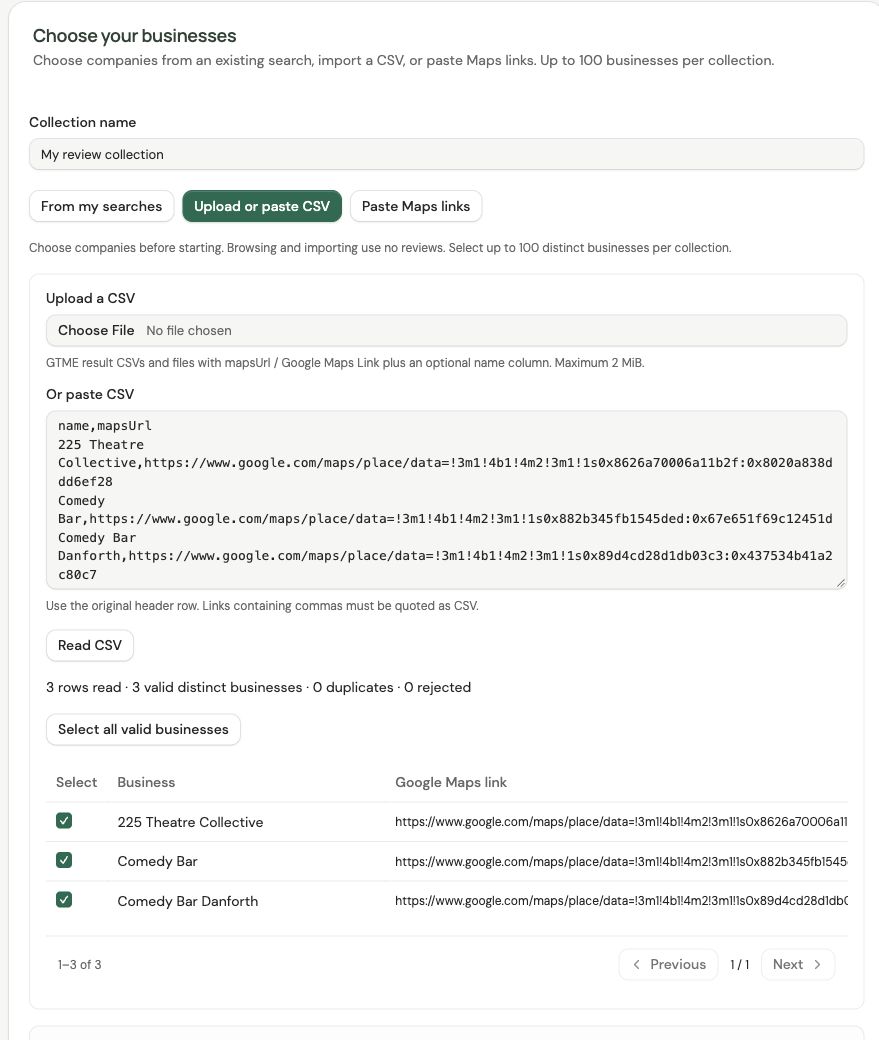 Actual GTME Reviews CSV import with three valid public businesses selected: 225 Theatre Collective, Comedy Bar and Comedy Bar Danforth.